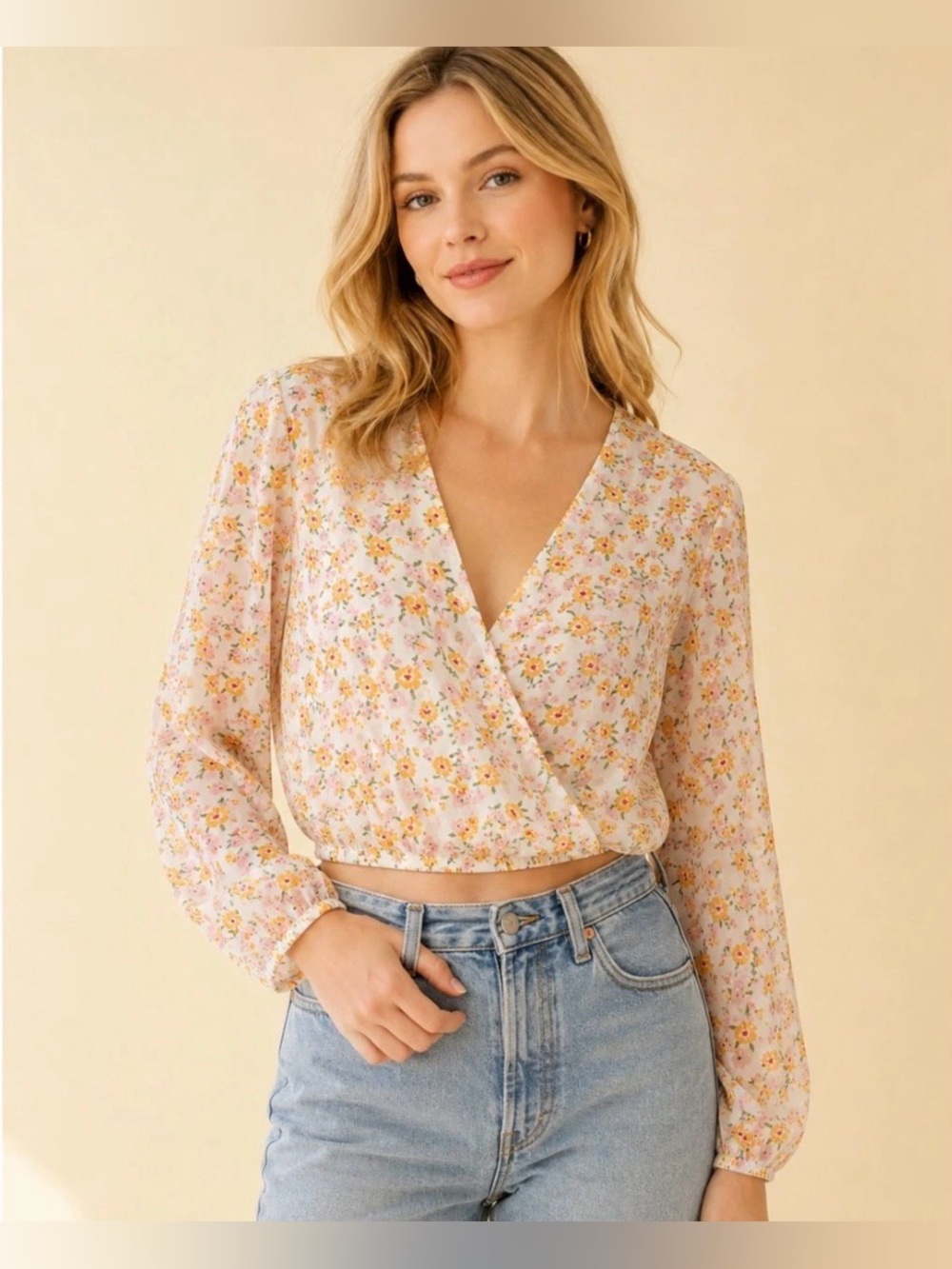 Sadie & Sage Floral Wrap Top Medium Long Sleeve Cropped Romantic Blouse
